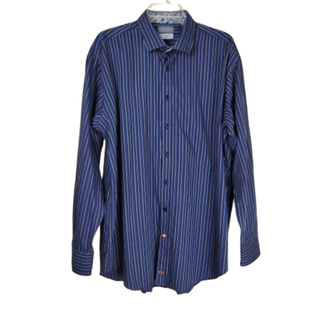 Thomas Dean Men's Button Down Shirt Size XXL Blue Gray Striped Long Sleeve